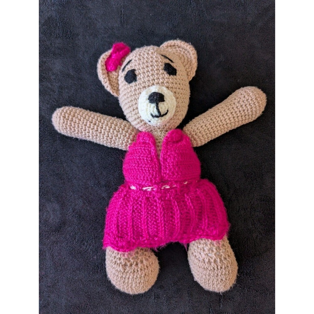 14" Handmade Crochet Knit Bear In Pink Dress Soft Plush Nursery Decor Baby Gift